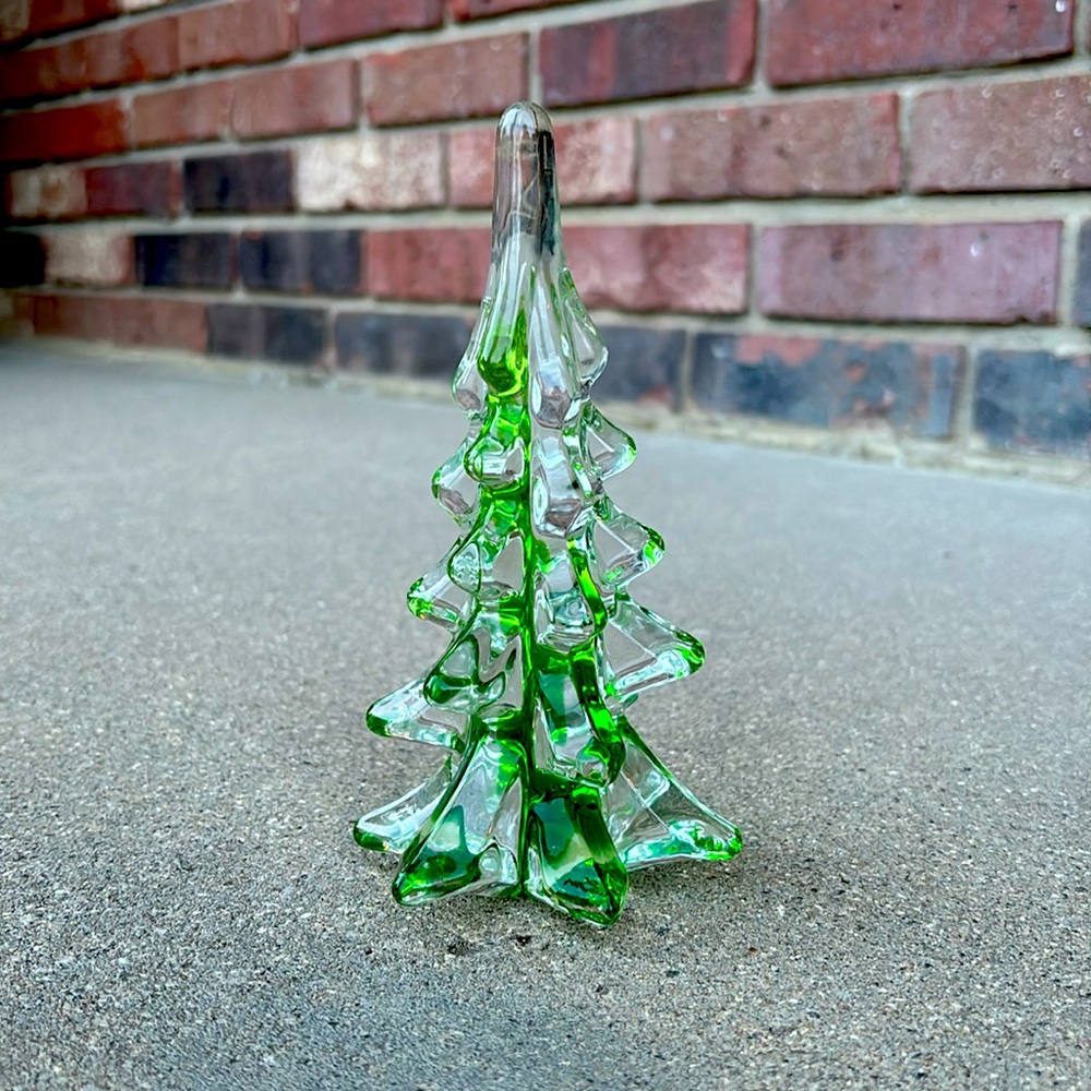Vintage Green Ribbon Heavy Crystal Art Glass Christmas Tree Made In Taiwan